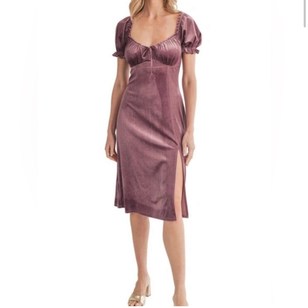 All In Favor Plum Velvet Puff‎ Sleeve Midi Dress Sweetheart Milkmaid Cottage M